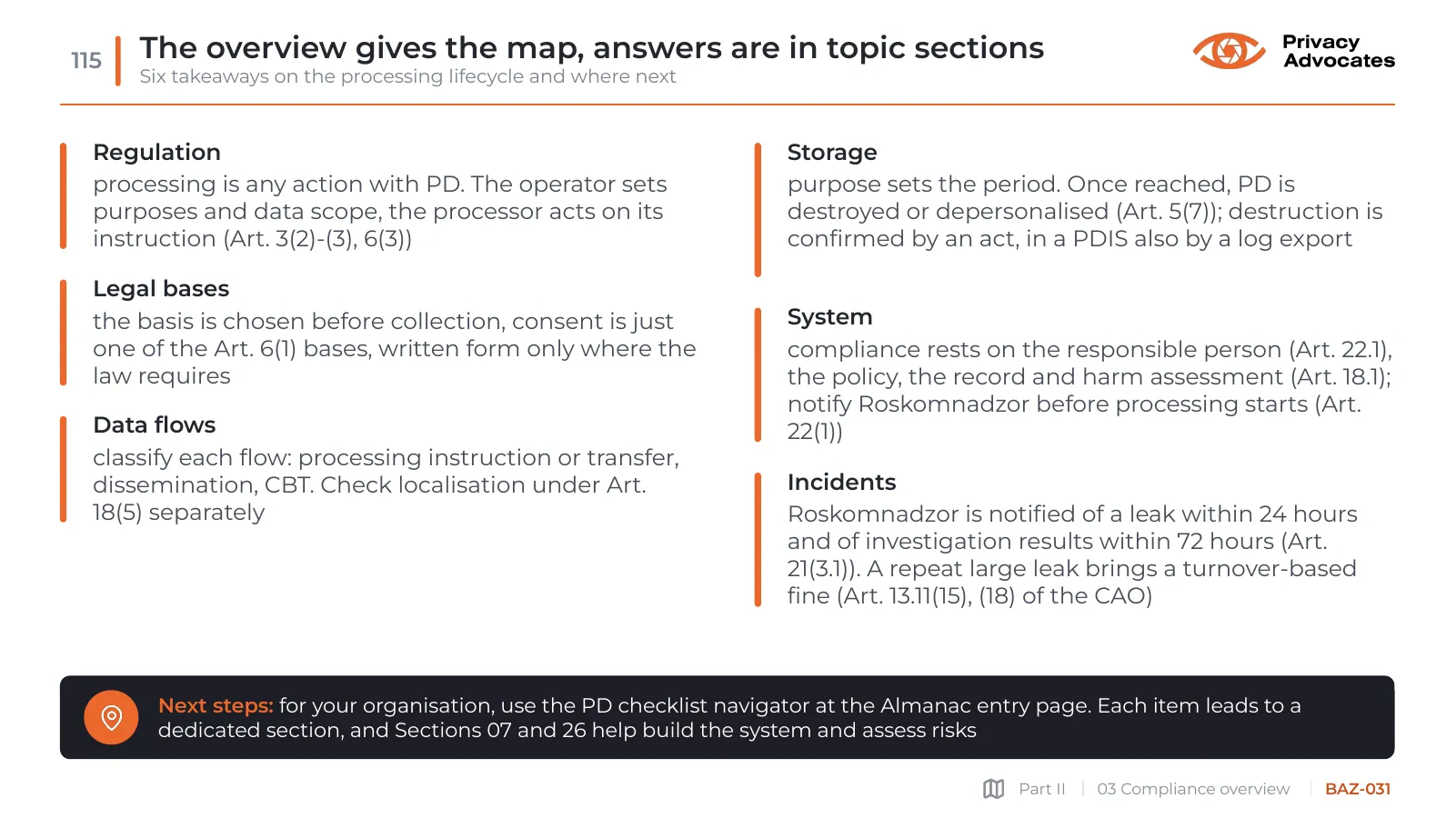 Slide BAZ-031: The overview gives the map, answers are in topic sections