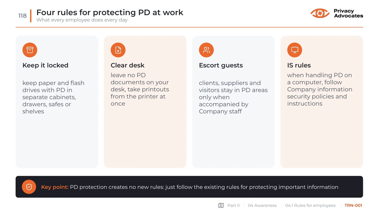 Slide TRN-001: Four rules for protecting PD at work