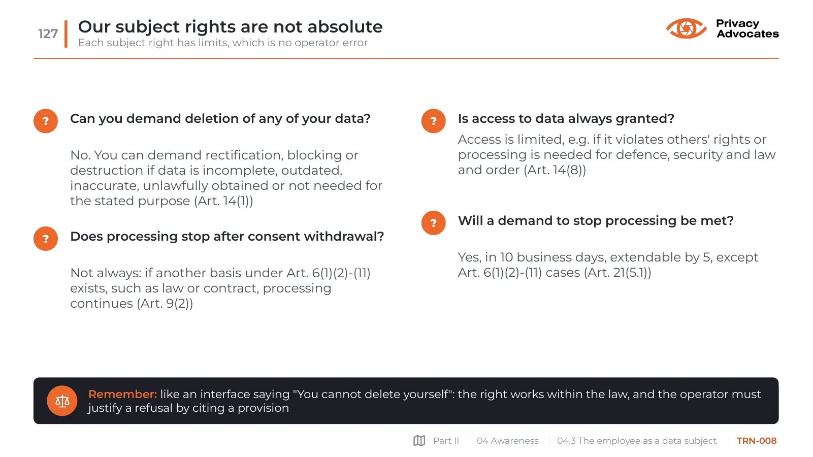 Slide TRN-008: Our subject rights are not absolute