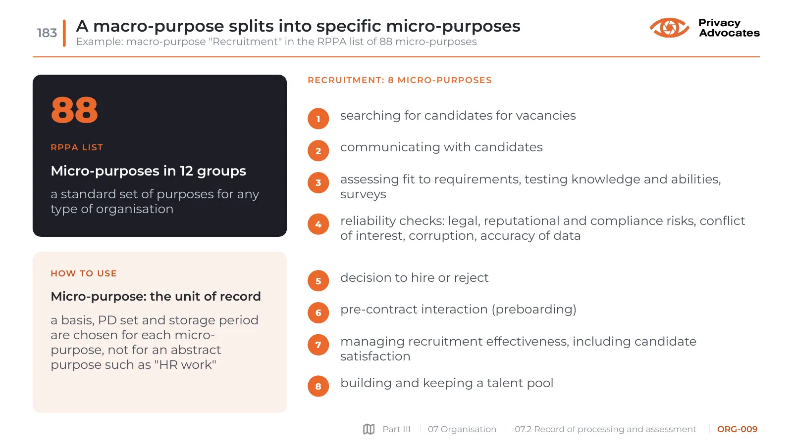 Slide ORG-009: A macro-purpose splits into specific micro-purposes