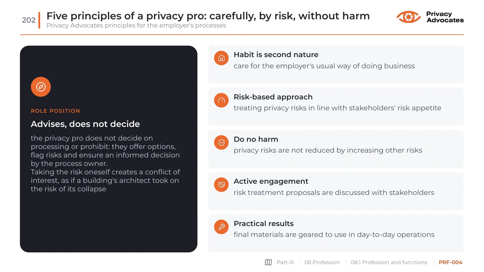 Slide PRF-004: Five principles of a privacy pro: carefully, by risk, without harm