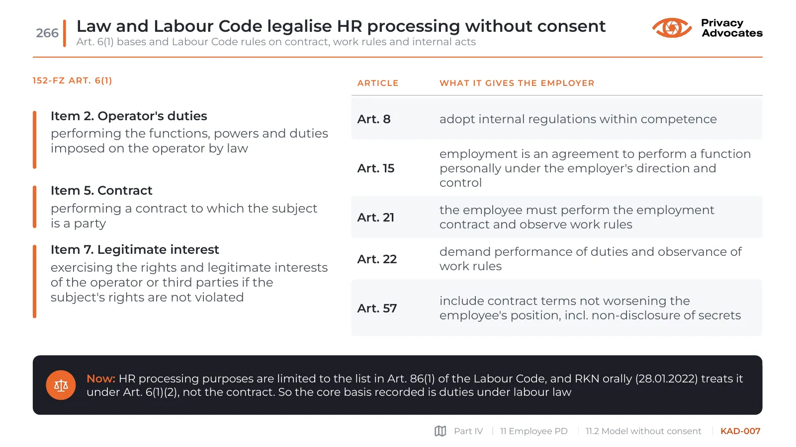 Slide KAD-007: Law and Labour Code legalise HR processing without consent