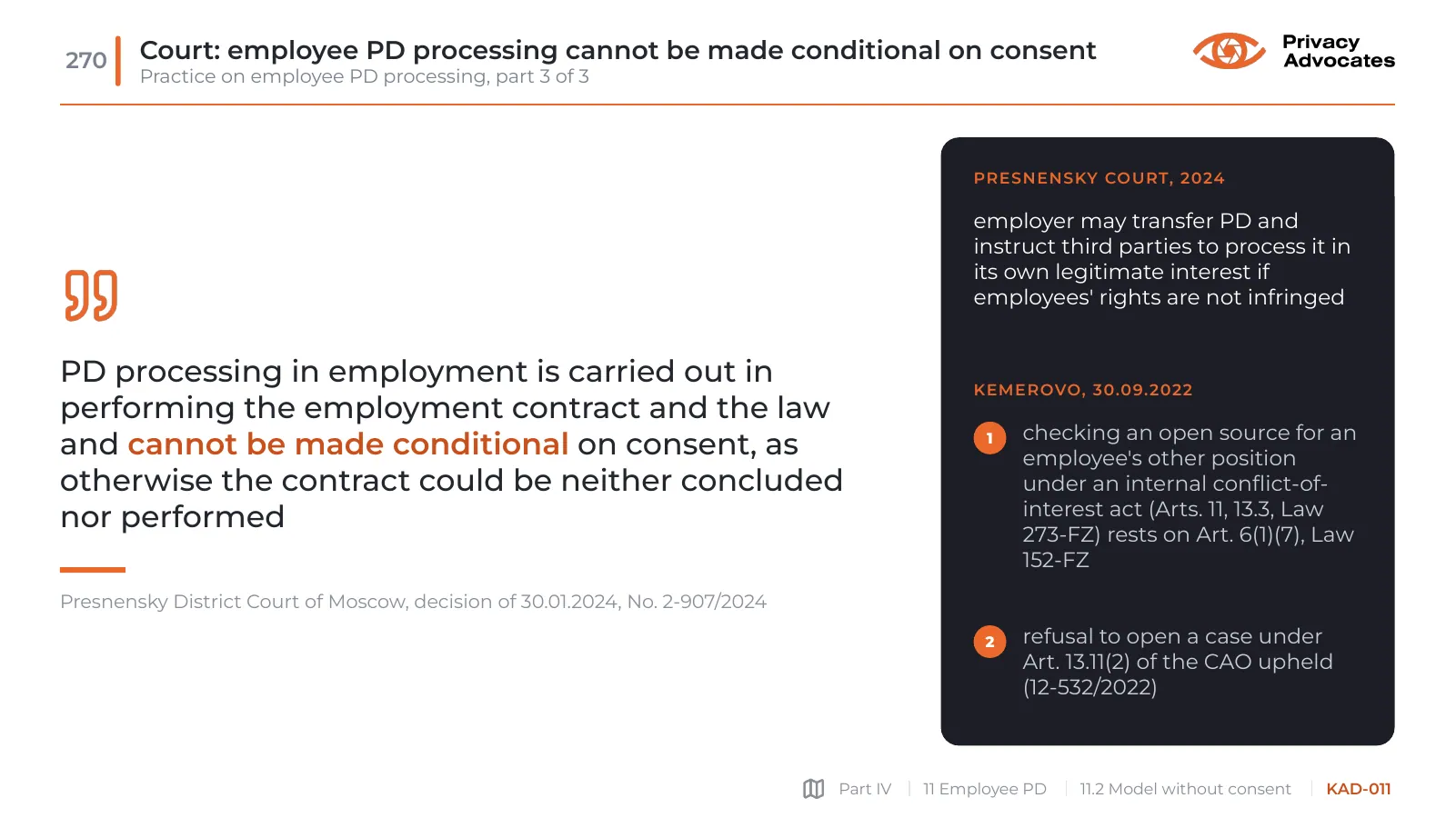 Slide KAD-011: Court: employee PD processing cannot be made conditional on consent