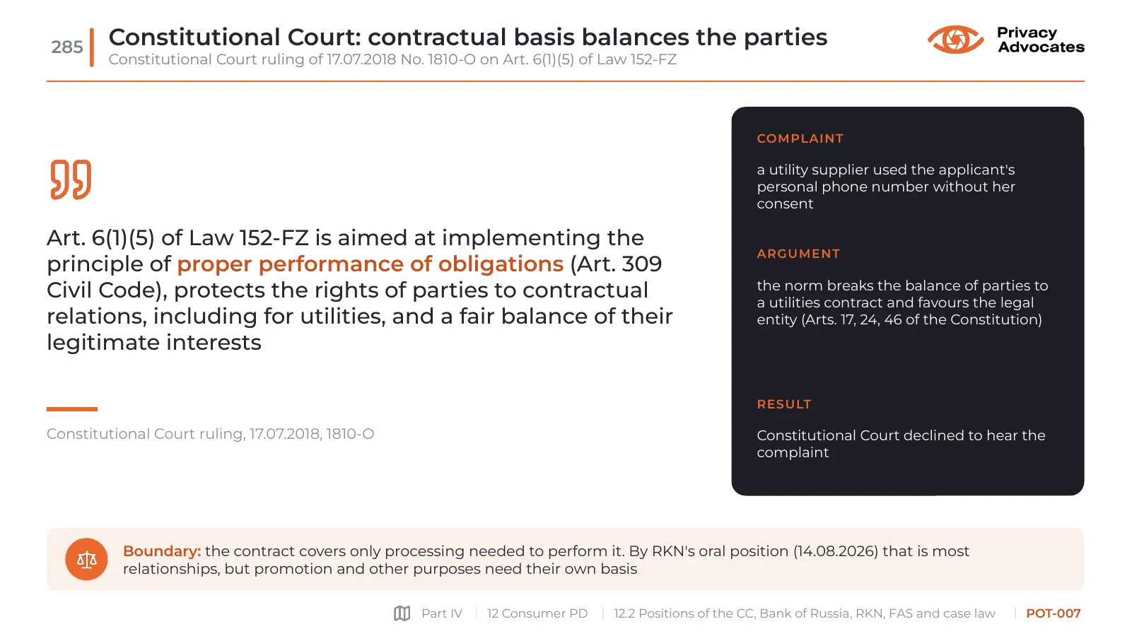 Slide POT-007: Constitutional Court: contractual basis balances the parties
