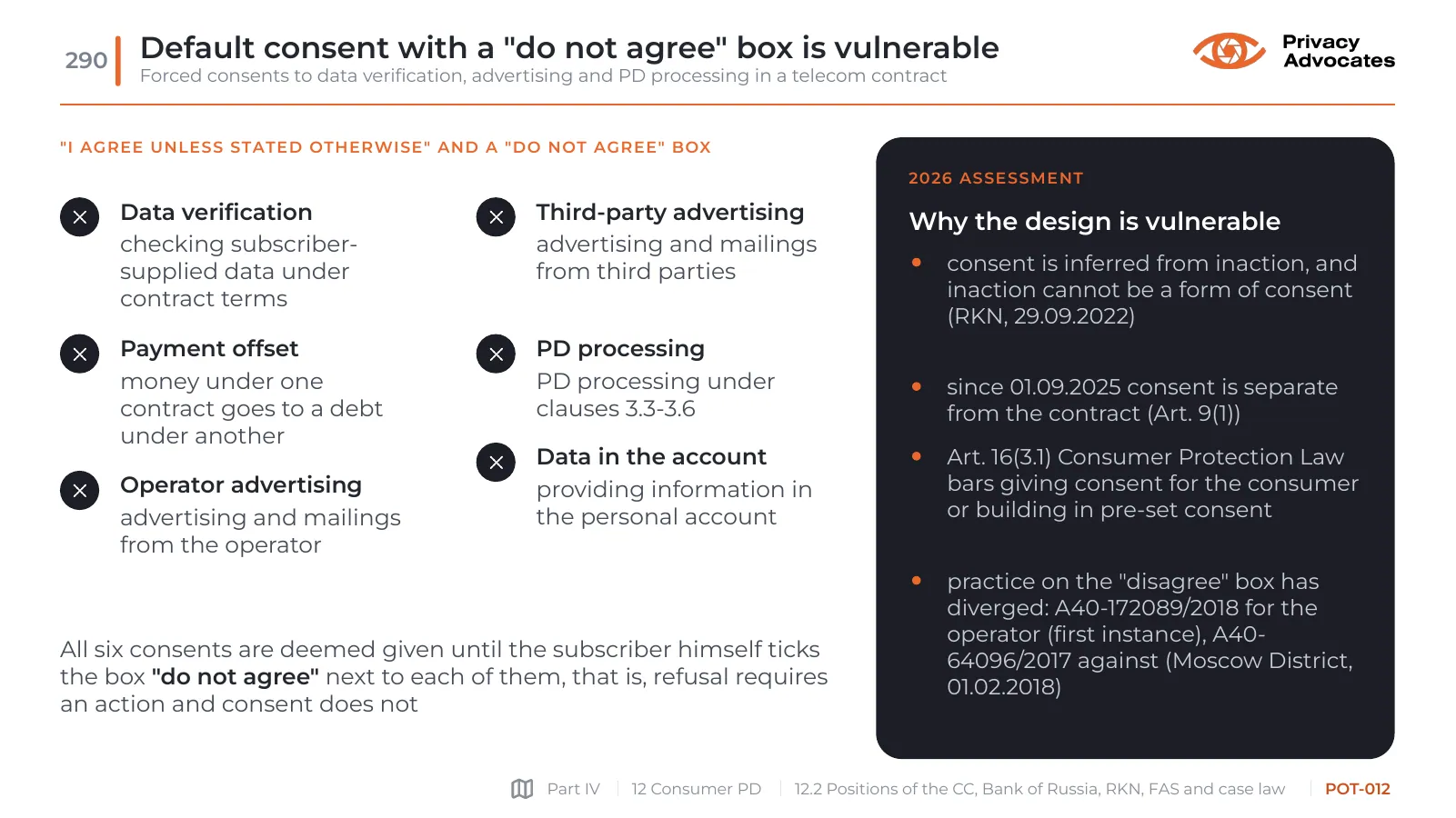Slide POT-012: Default consent with a "do not agree" box is vulnerable