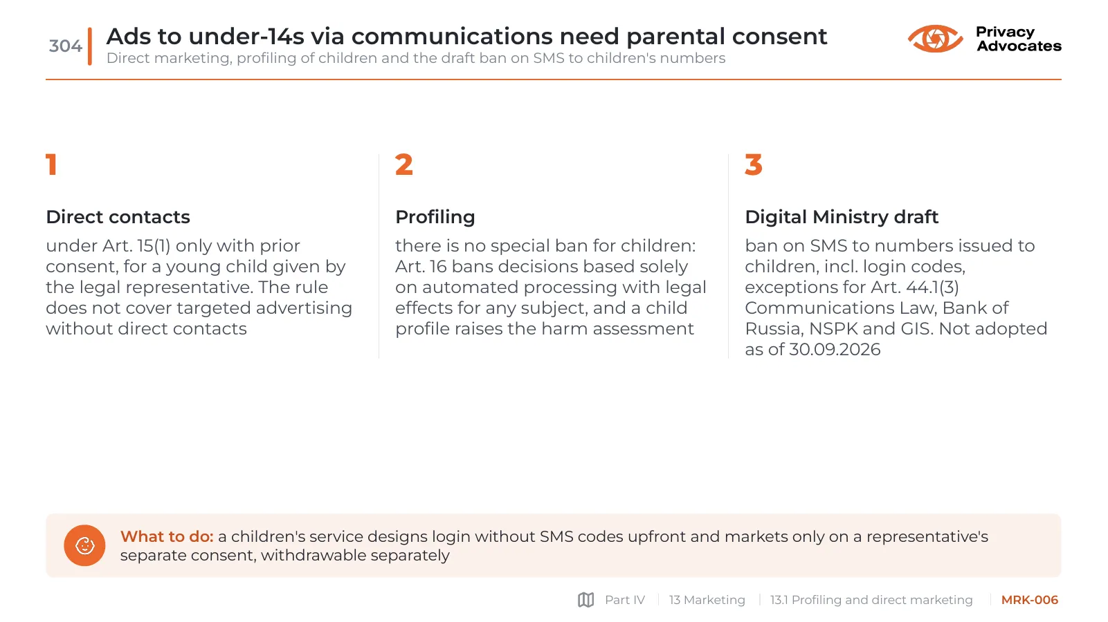 Slide MRK-006: Ads to under-14s via communications need parental consent