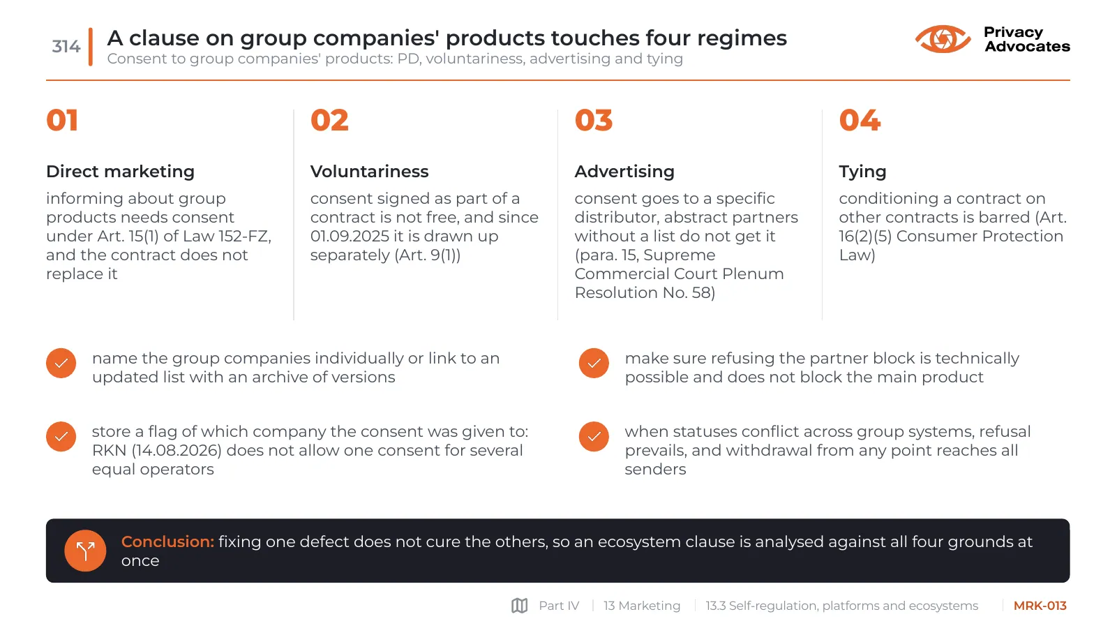 Slide MRK-013: A clause on group companies' products touches four regimes