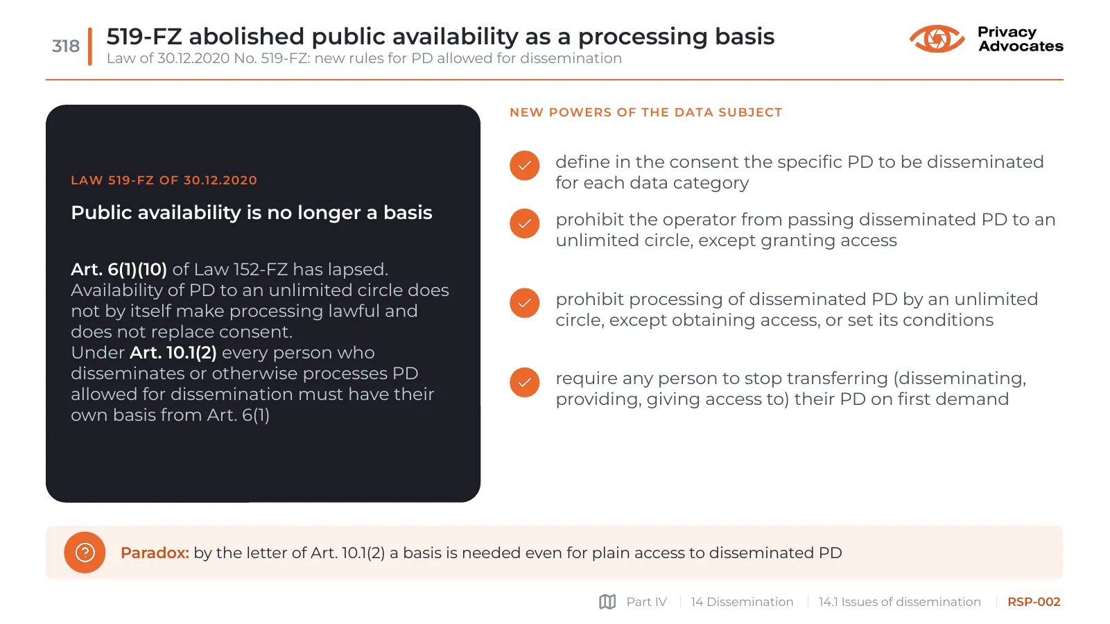 Slide RSP-002: 519-FZ abolished public availability as a processing basis