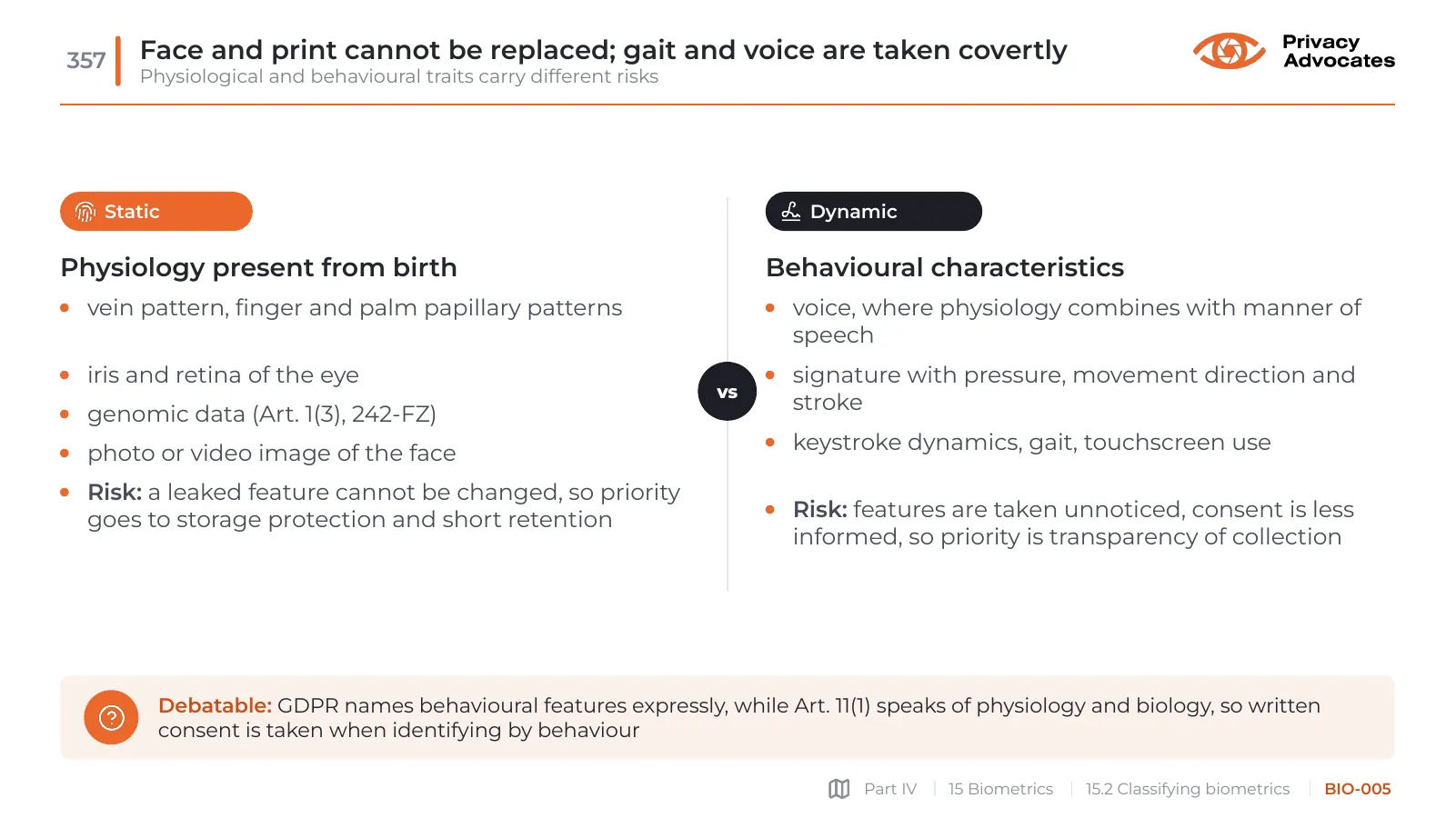 Slide BIO-005: Face and print cannot be replaced; gait and voice are taken covertly