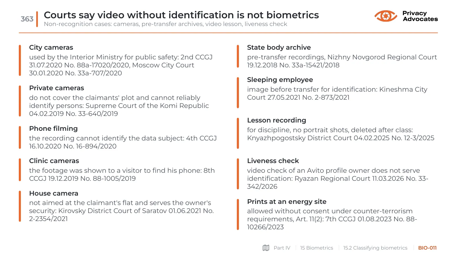 Slide BIO-011: Courts say video without identification is not biometrics