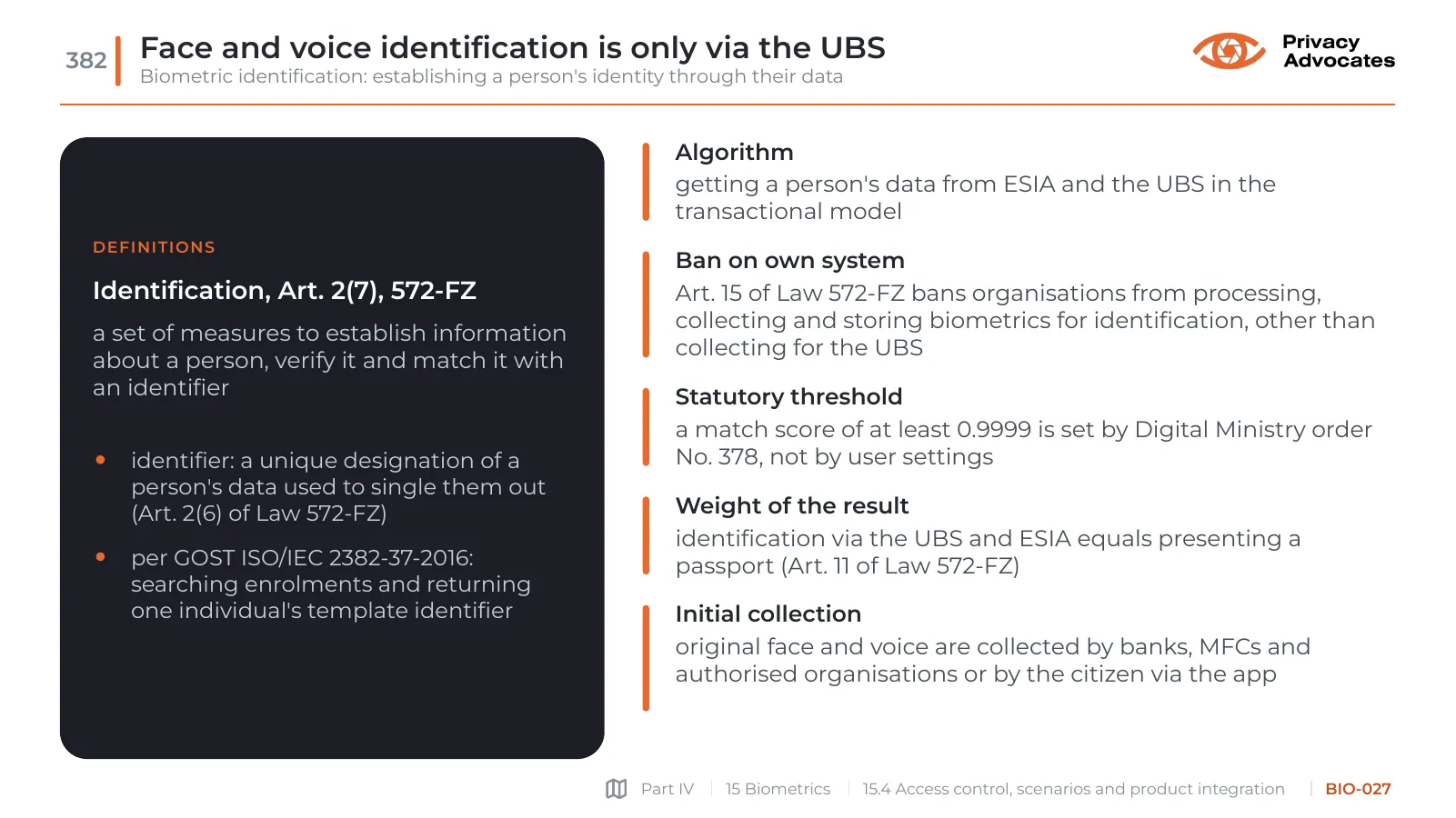 Slide BIO-027: Face and voice identification is only via the UBS