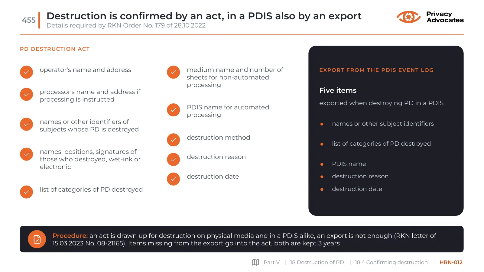 Slide HRN-012: Destruction is confirmed by an act, in a PDIS also by an export