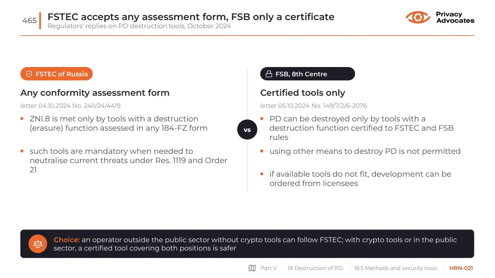 Slide HRN-021: FSTEC accepts any assessment form, FSB only a certificate