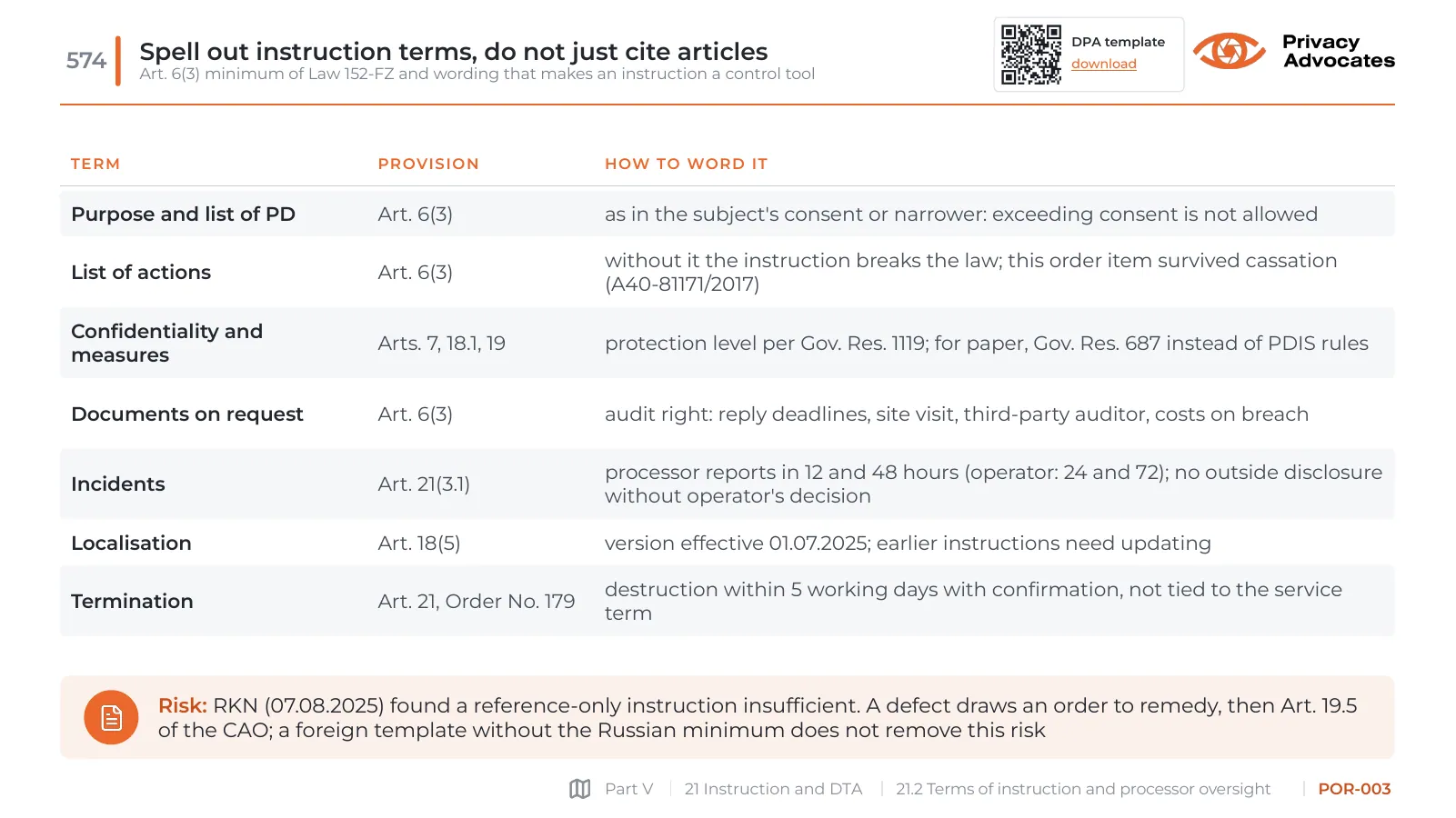 Slide POR-003: Spell out instruction terms, do not just cite articles