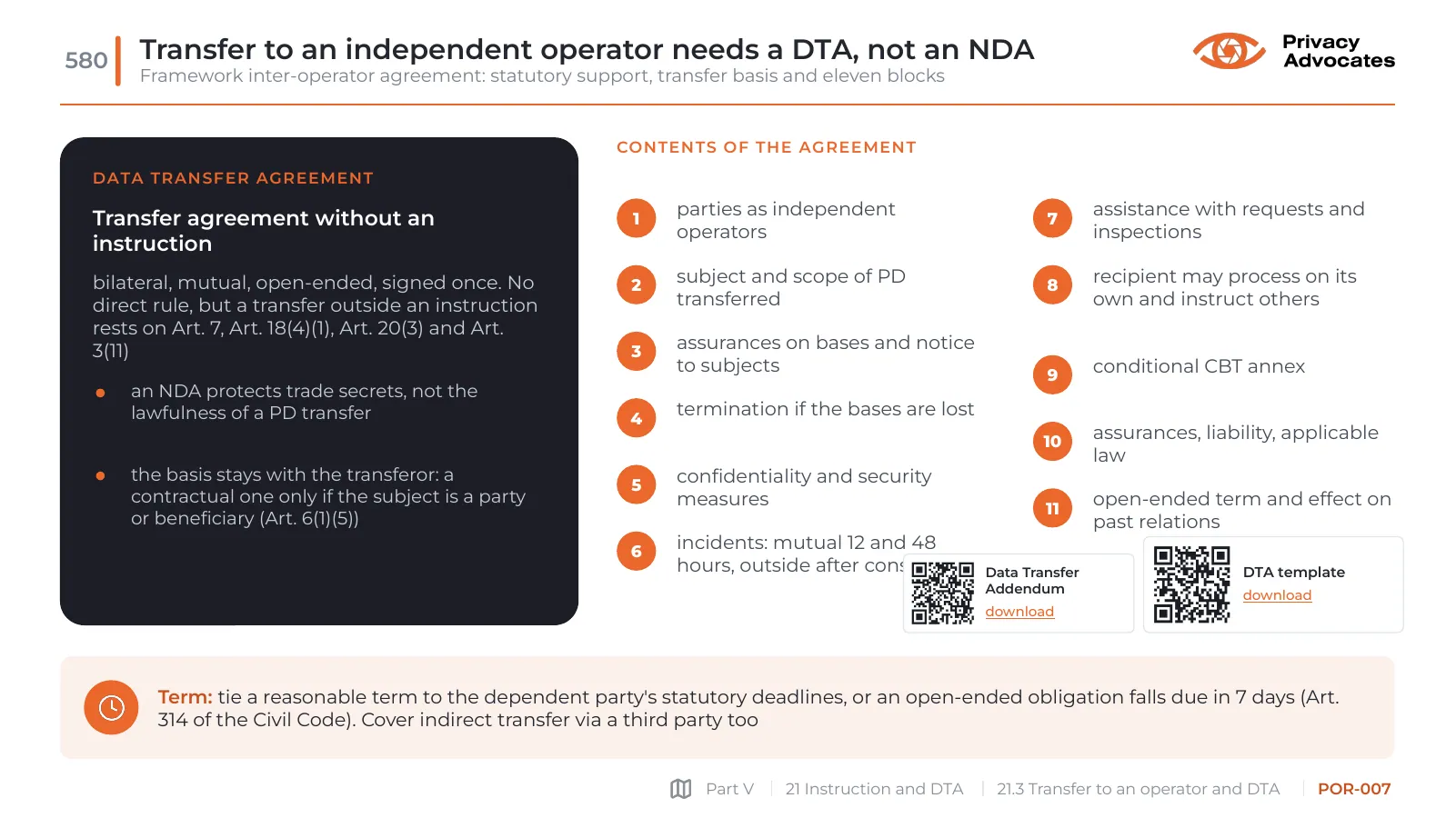 Slide POR-007: Transfer to an independent operator needs a DTA, not an NDA