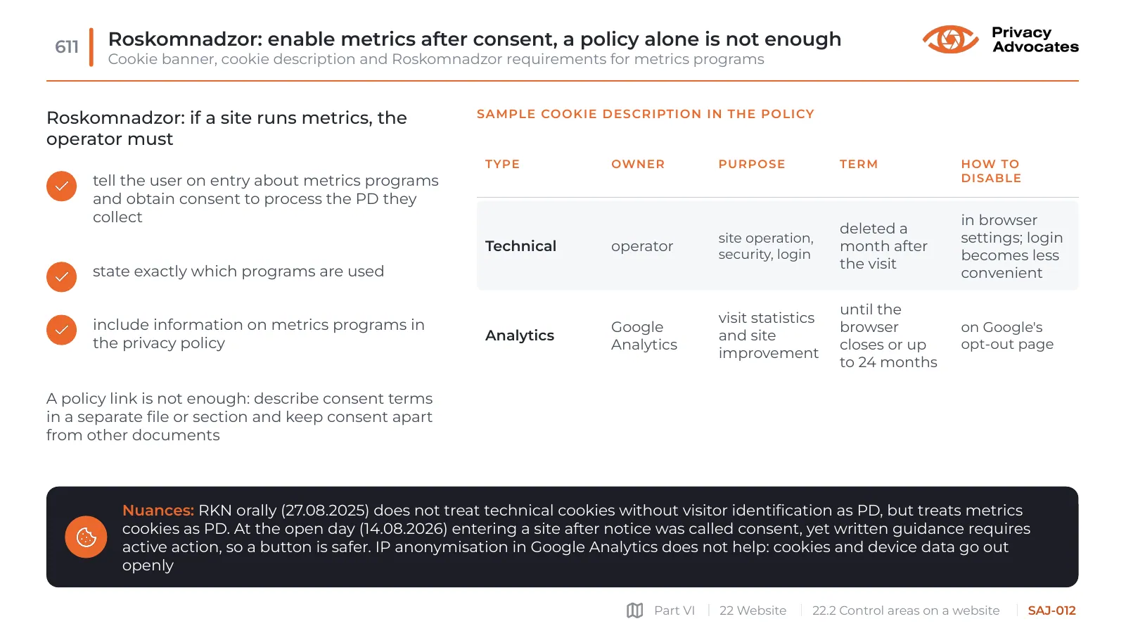 Slide SAJ-012: Roskomnadzor: enable metrics after consent, a policy alone is not enough