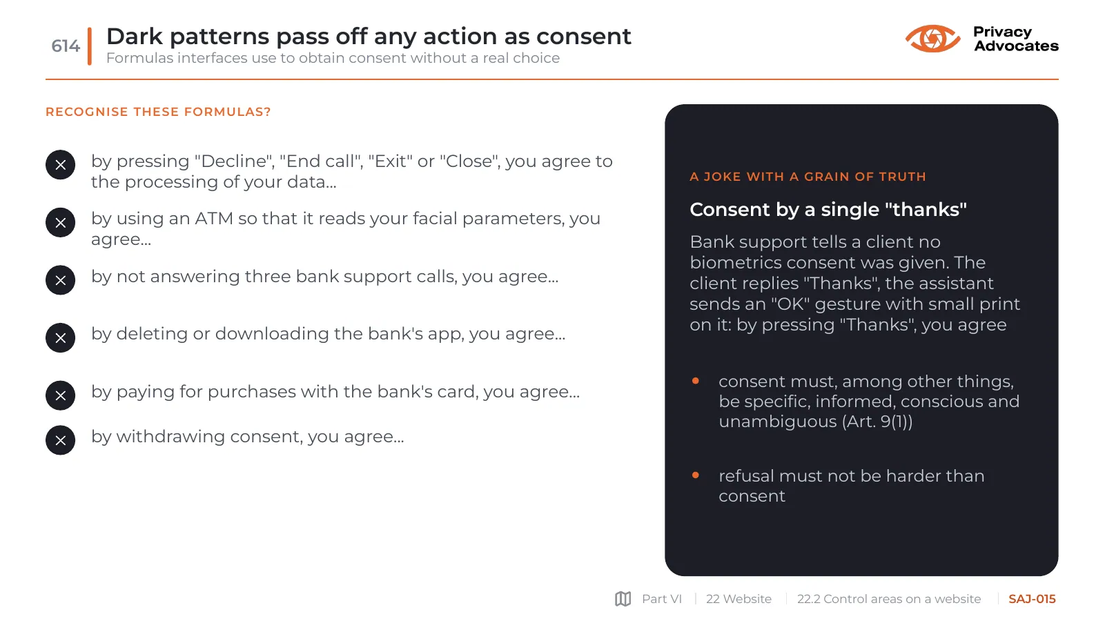 Slide SAJ-015: Dark patterns pass off any action as consent