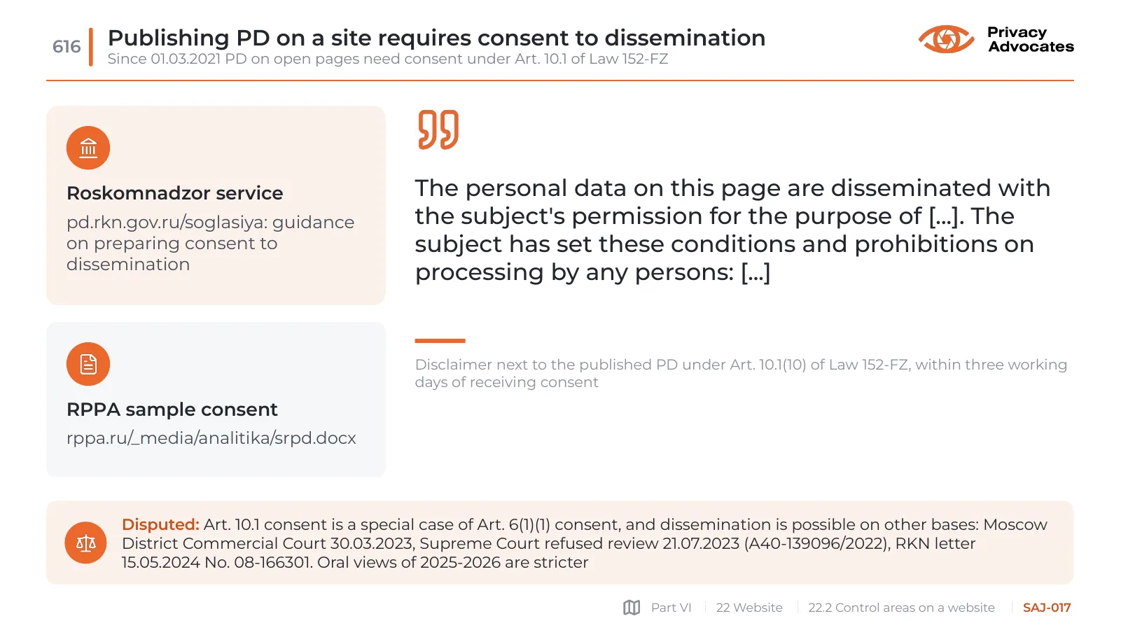 Slide SAJ-017: Publishing PD on a site requires consent to dissemination