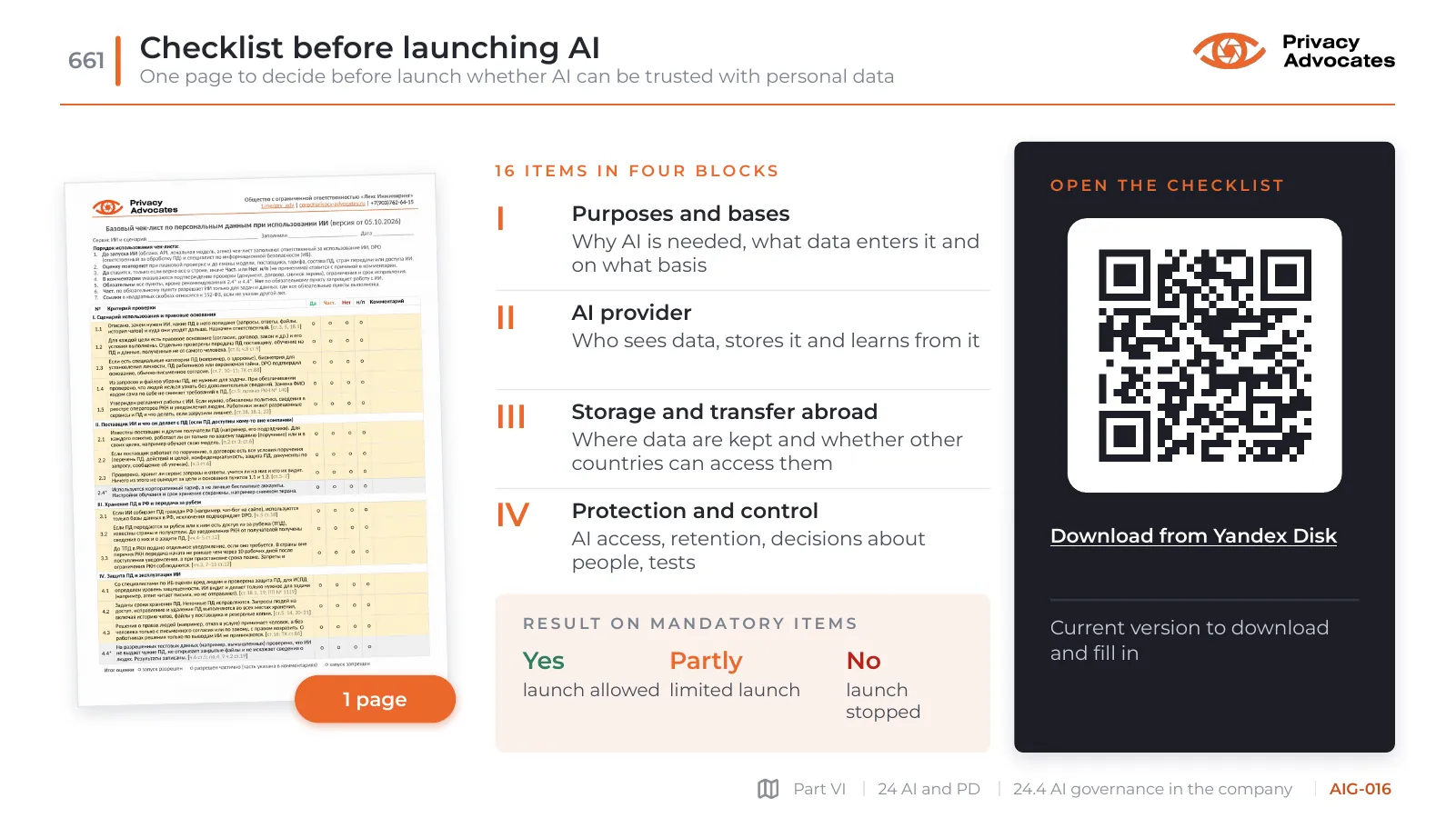 Slide AIG-016: Checklist before launching AI