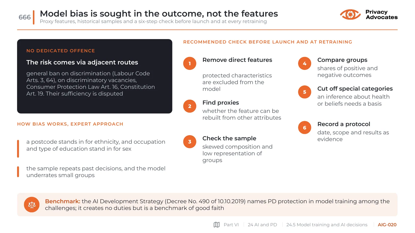 Slide AIG-020: Model bias is sought in the outcome, not the features