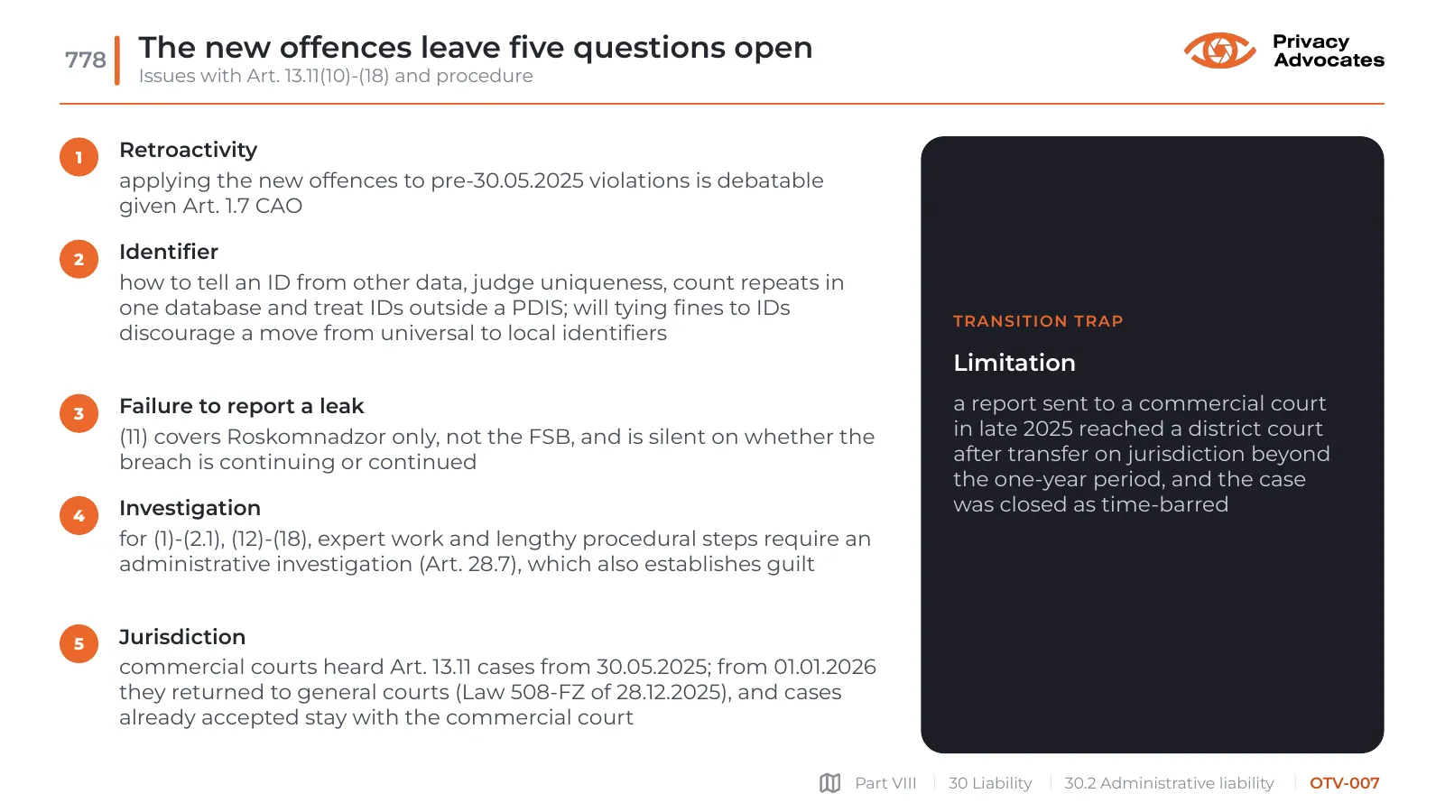 Slide OTV-007: The new offences leave five questions open