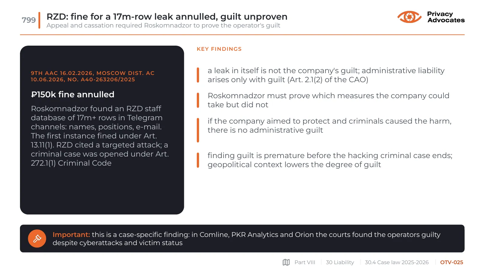 Slide OTV-025: RZD: fine for a 17m-row leak annulled, guilt unproven