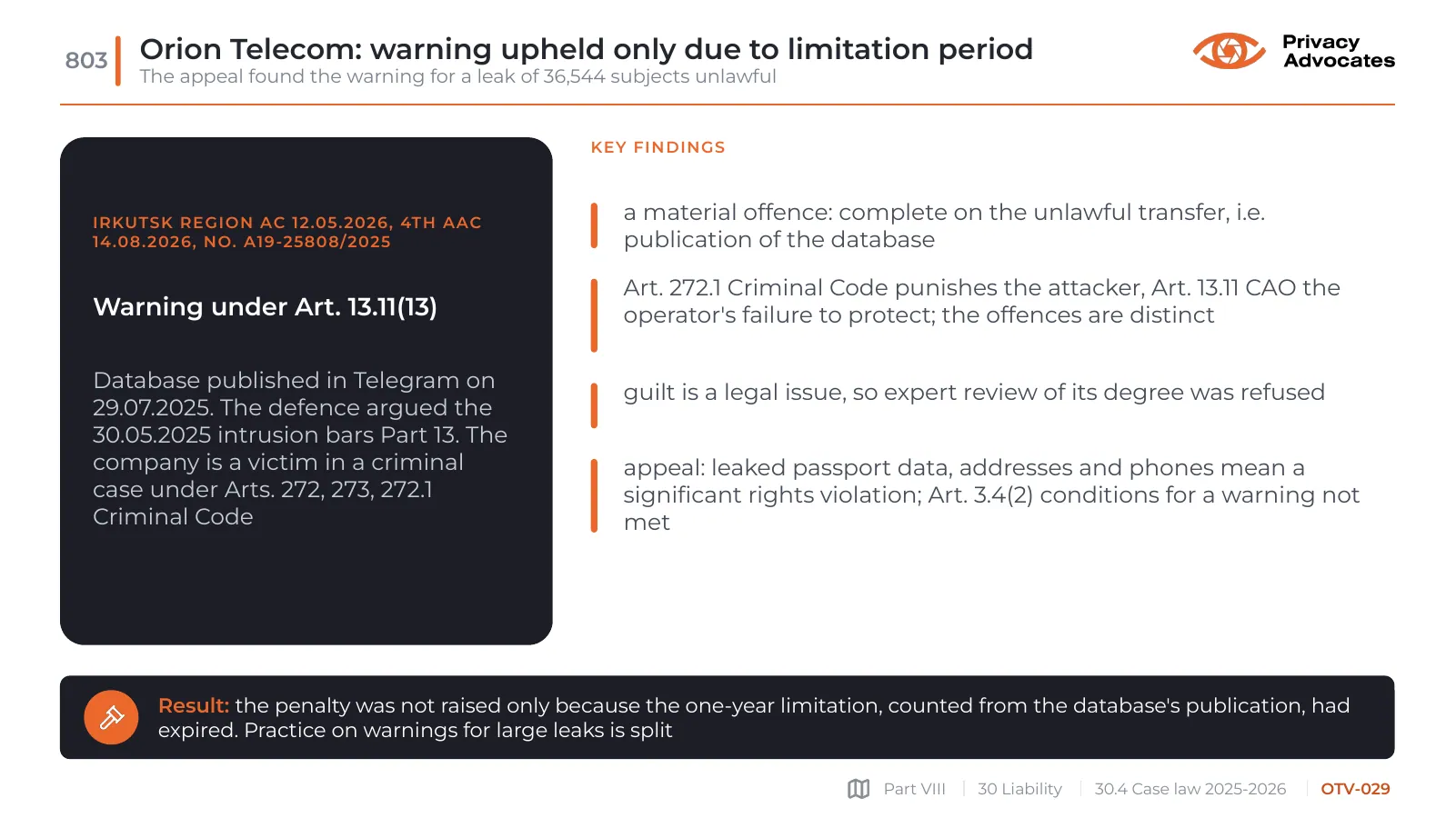 Slide OTV-029: Orion Telecom: warning upheld only due to limitation period