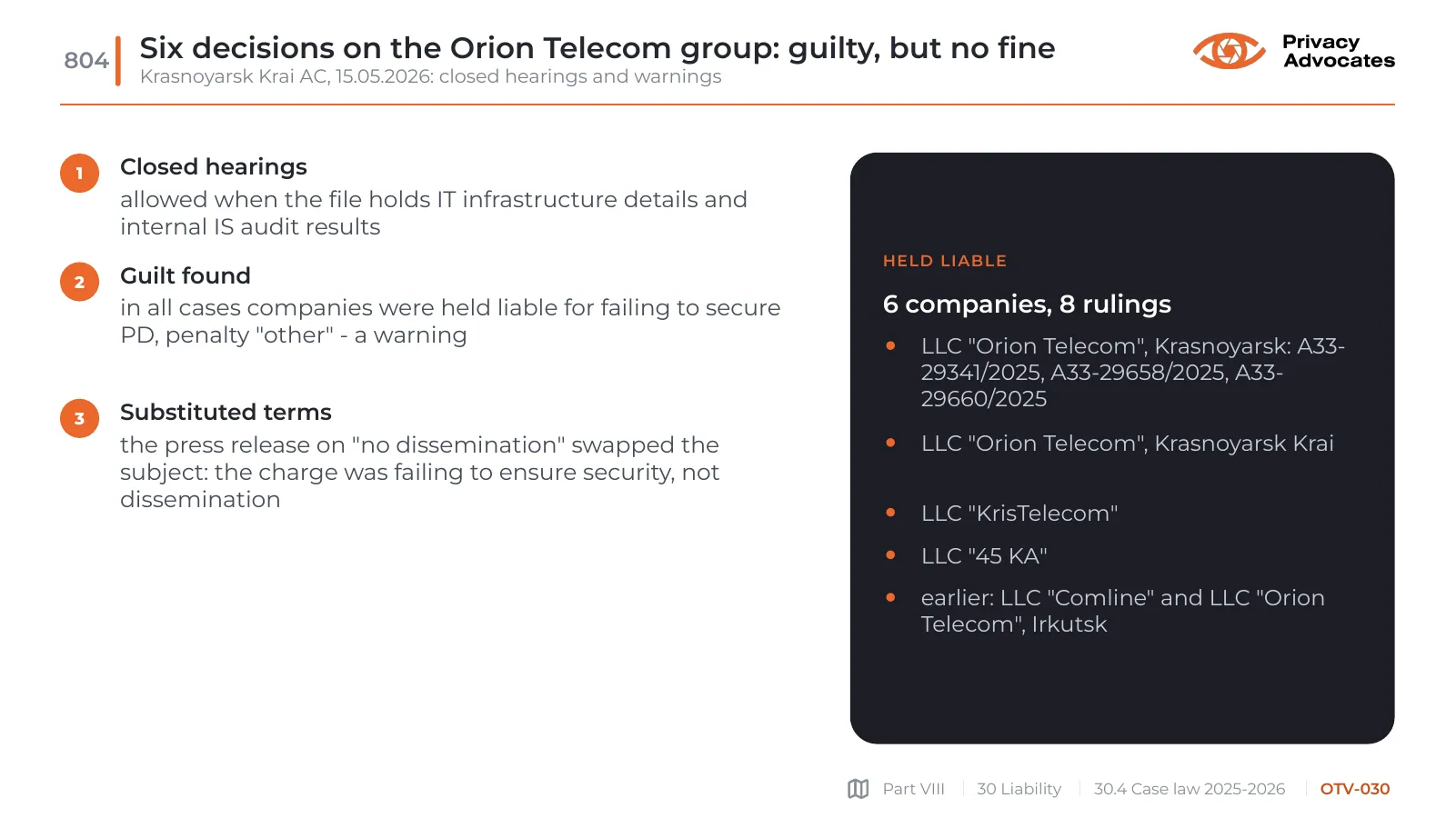Slide OTV-030: Six decisions on the Orion Telecom group: guilty, but no fine