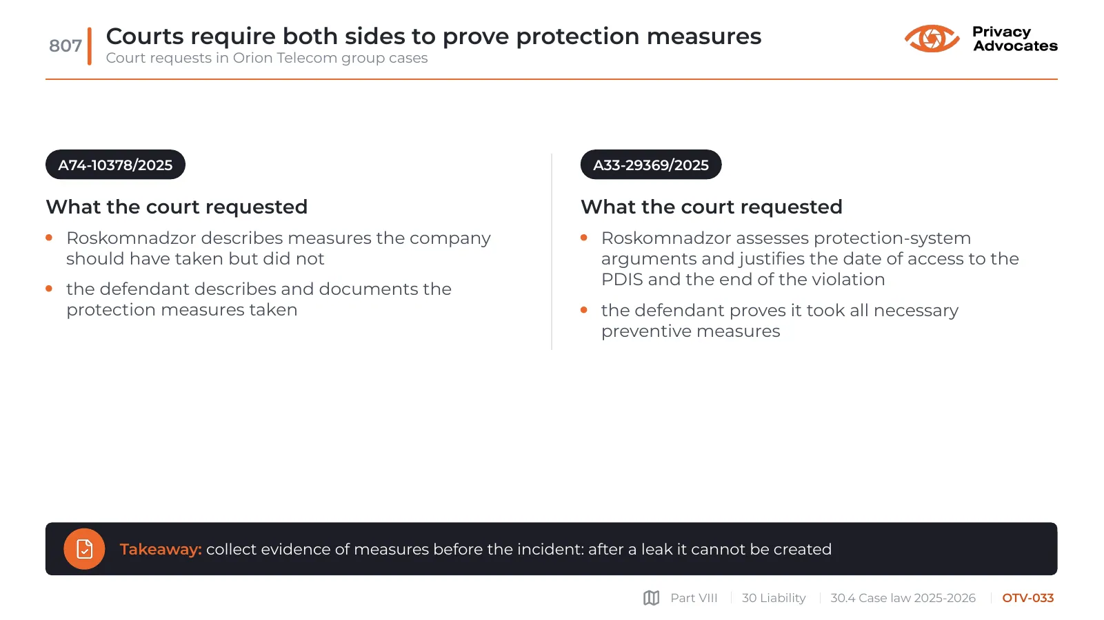 Slide OTV-033: Courts require both sides to prove protection measures