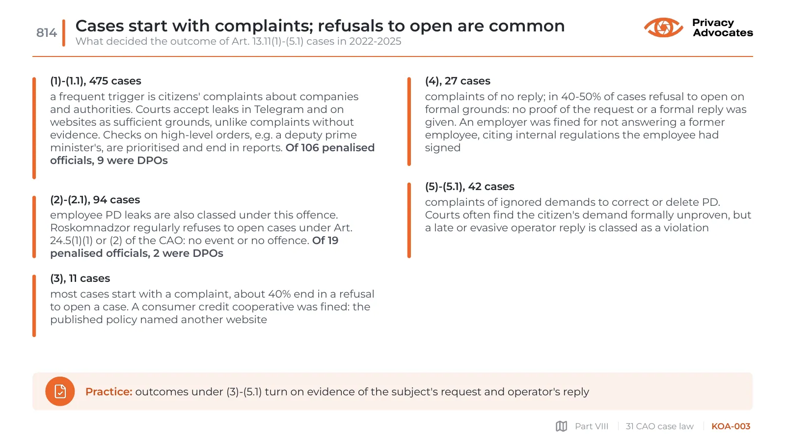 Slide KOA-003: Cases start with complaints; refusals to open are common