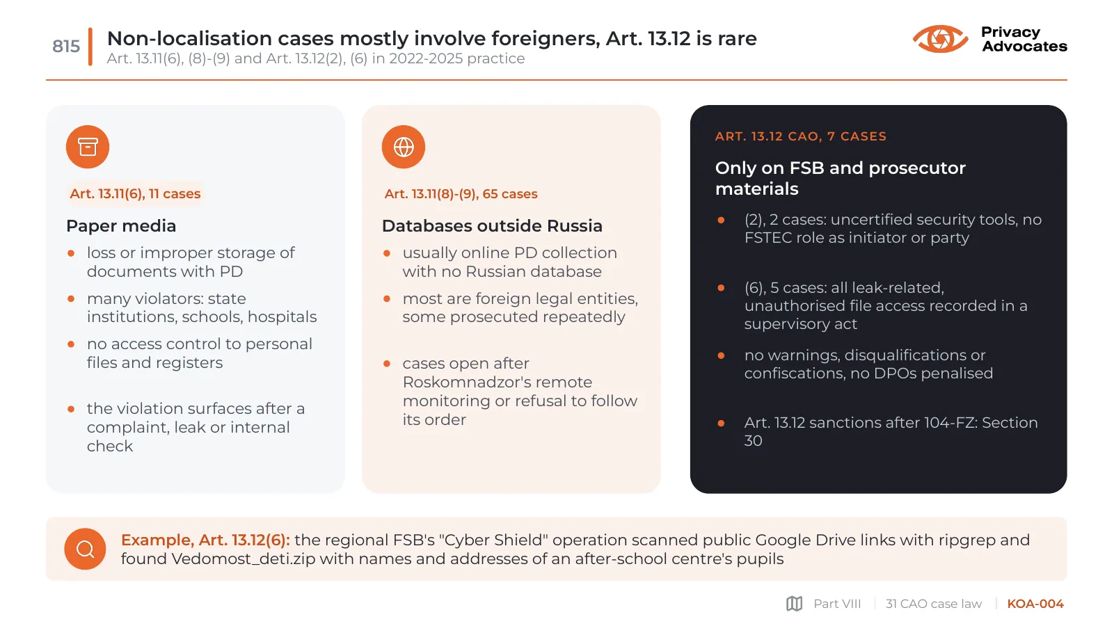Slide KOA-004: Non-localisation cases mostly involve foreigners, Art. 13.12 is rare