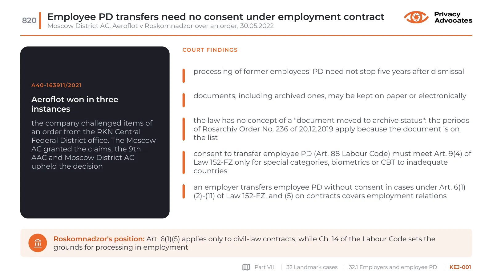 Slide KEJ-001: Employee PD transfers need no consent under employment contract