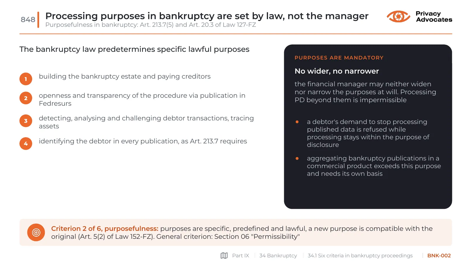 Slide BNK-002: Processing purposes in bankruptcy are set by law, not the manager