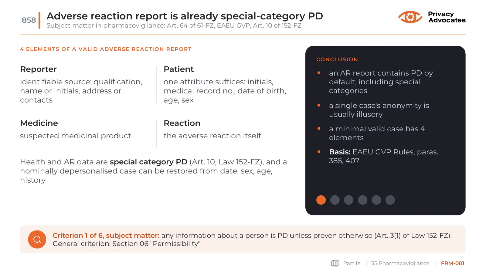 Slide FRM-001: Adverse reaction report is already special-category PD