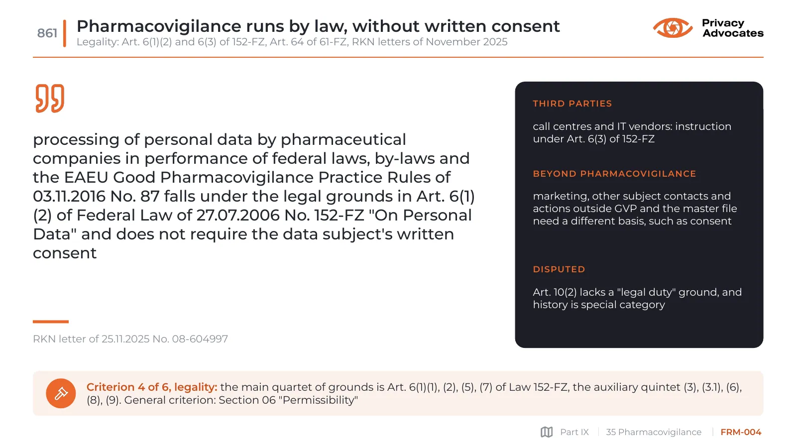 Slide FRM-004: Pharmacovigilance runs by law, without written consent