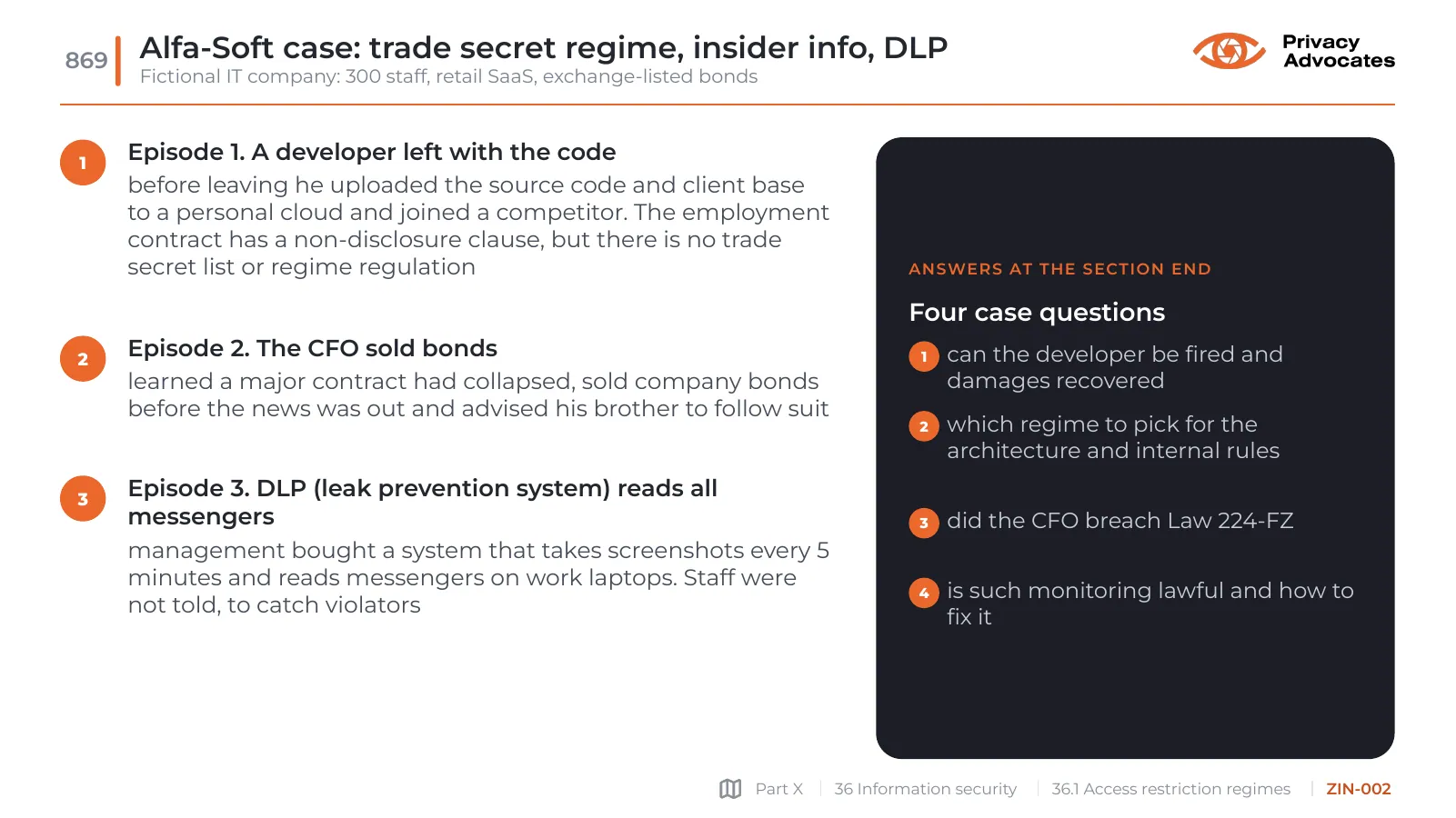 Slide ZIN-002: Alfa-Soft case: trade secret regime, insider info, DLP