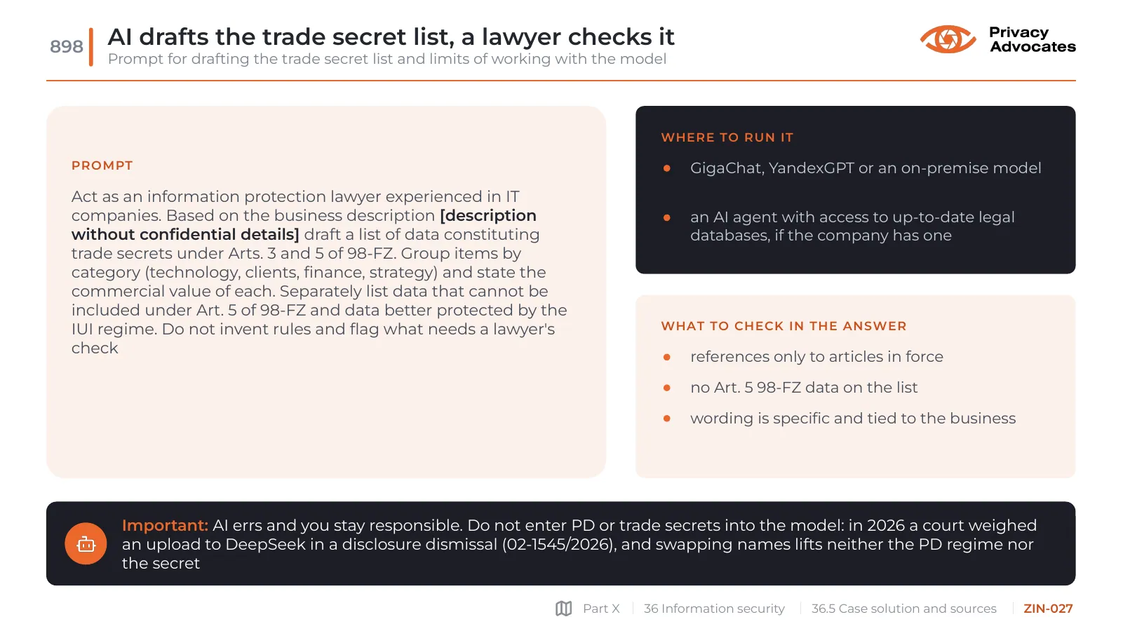 Slide ZIN-027: AI drafts the trade secret list, a lawyer checks it