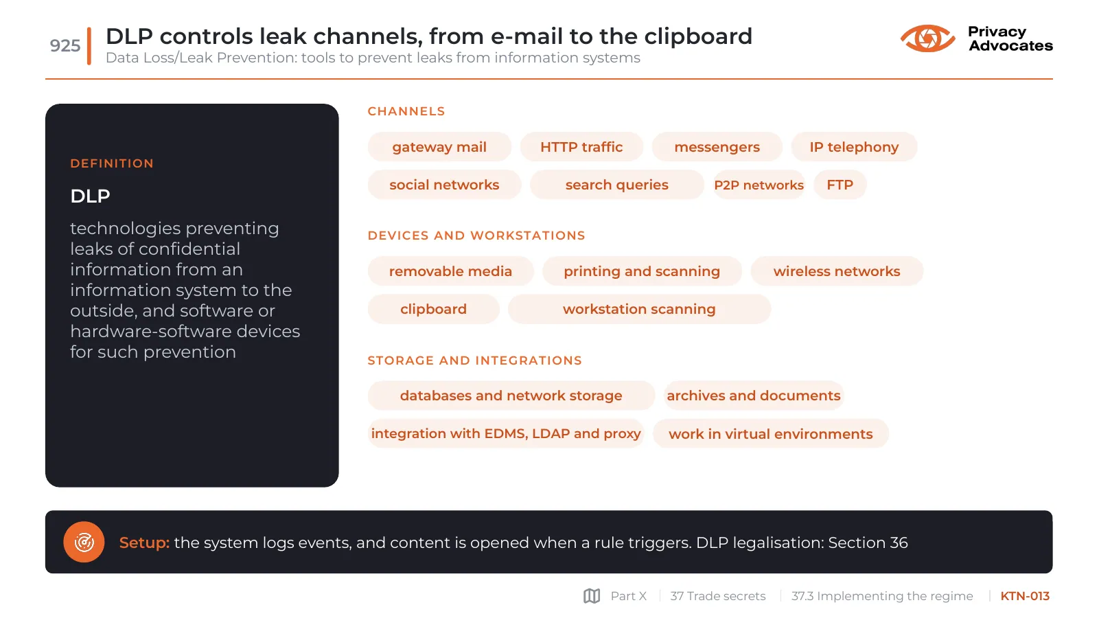 Slide KTN-013: DLP controls leak channels, from e-mail to the clipboard