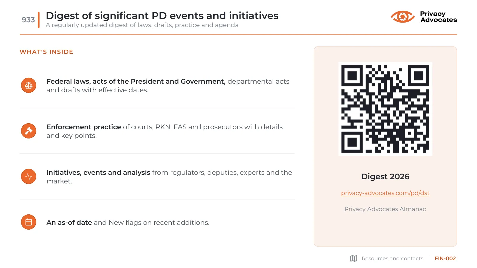 Slide FIN-002: Digest of significant PD events and initiatives